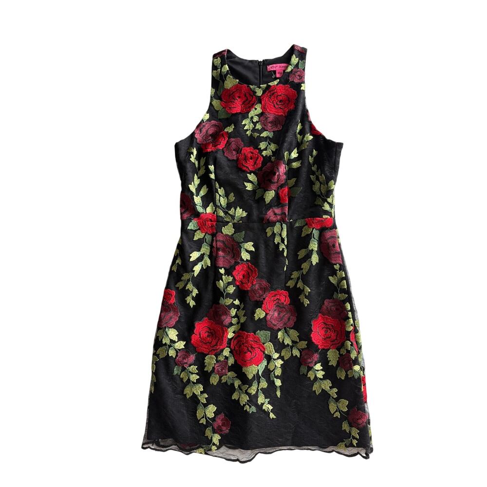 Betsey Johnson Black Red Rose Embroidered Mesh Sheath Dress Size 4 Sleeveless